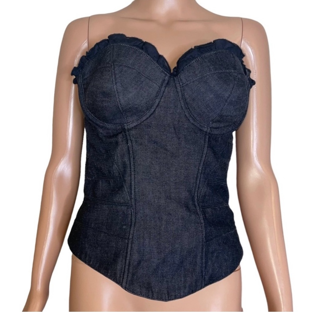 Darkwash Denim Corset Lace Up Strapless Tube Top with Curved Hem & Ruffle Trim